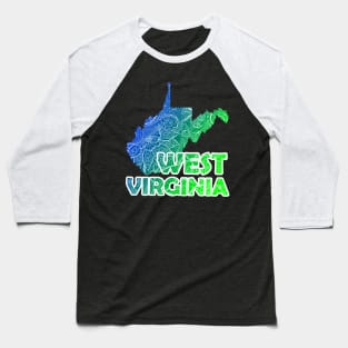 Colorful mandala art map of West Virginia with text in blue and green Baseball T-Shirt